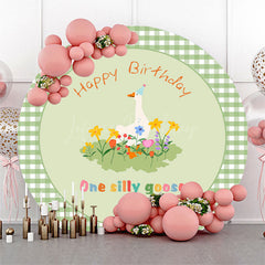 Lofaris Green Plaid One Silly Goose Round Birthday Backdrop