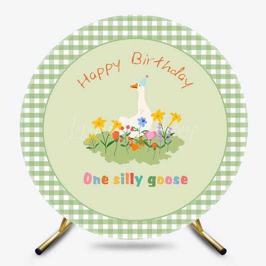 Lofaris Green Plaid One Silly Goose Round Birthday Backdrop