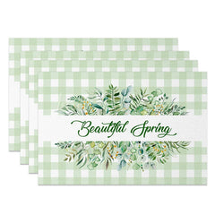 Lofaris Green Plaid Spring Set of 4 Placemats Greenery Wreath and Beautiful Text Dining Table Mats