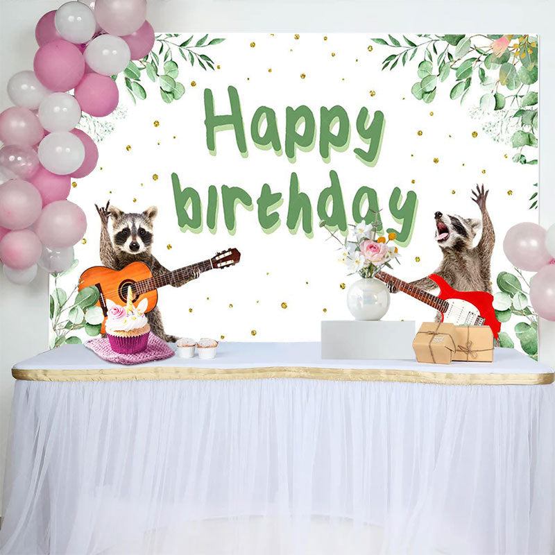 Lofaris Green Plant Guitarist Raccoon Happy Birthday Backdrop