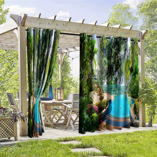 Lofaris Green Pool Scene Waterproof Printed Outdoor Curtains