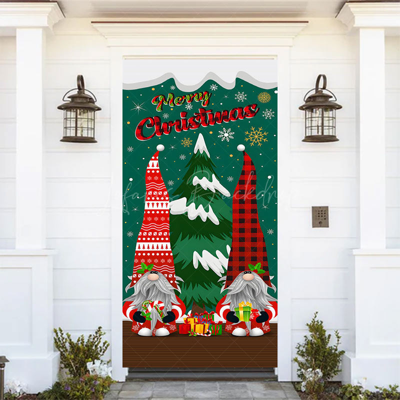 Lofaris Green Red Snowy Christmas Vibe Gnomes Door Cover