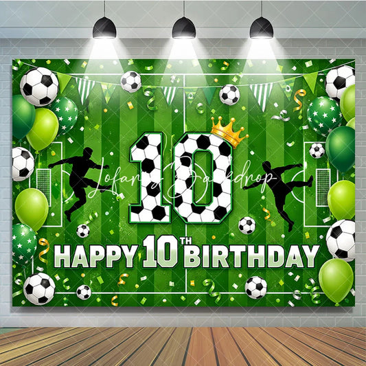 Lofaris Green Soccer Field 10th Birthday Backdrop Players and Balls with Vibrant Balloons for Party Decor