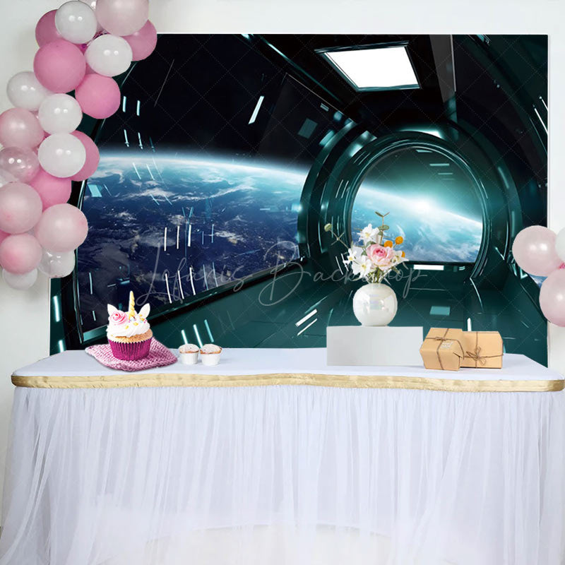 Lofaris Green Spaceship Earth Scene Happy Birthday Backdrop