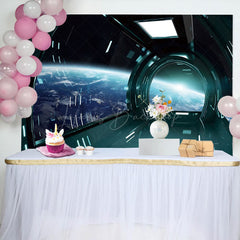 Lofaris Green Spaceship Earth Scene Happy Birthday Backdrop