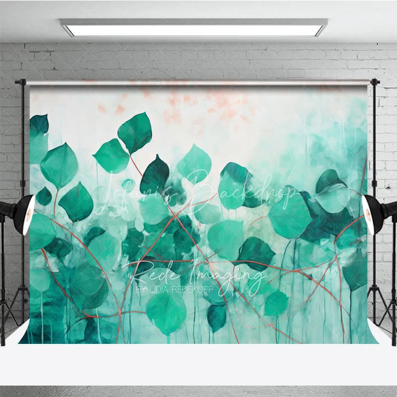 Lofaris Green Teal Leaves Abstract Art Backdrop Watercolor Plant Red Stems Background Nature Theme Photography Banner