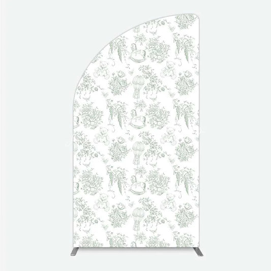 Lofaris Green Toile de Jouy Half Moon Arch Backdrop Vintage Horse Teddy Bear and Balloon Pattern Decoration