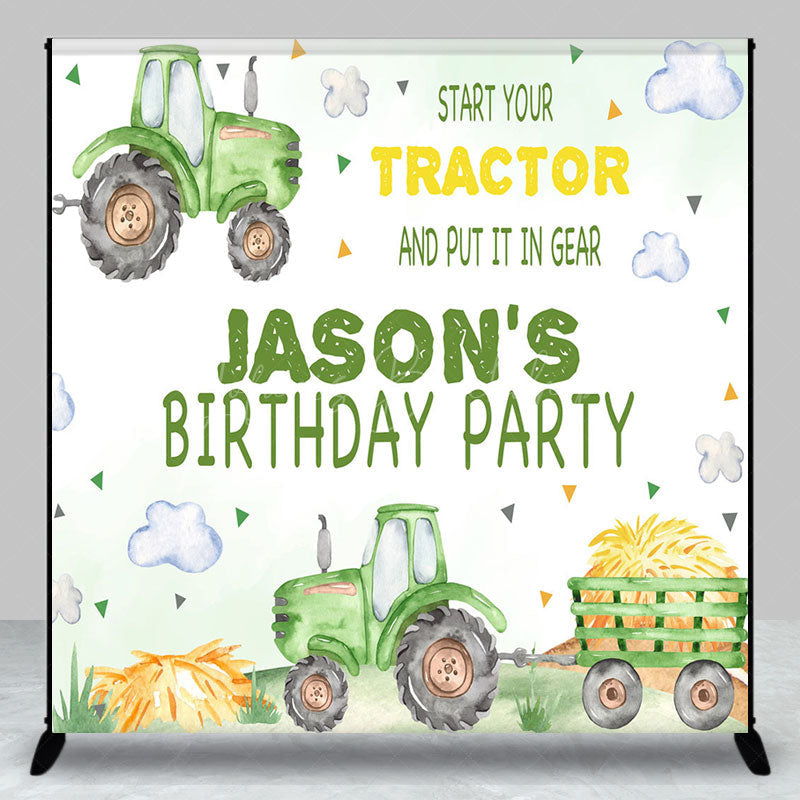 Lofaris Green Tractor Clouds Custom Name Birthday Backdrop