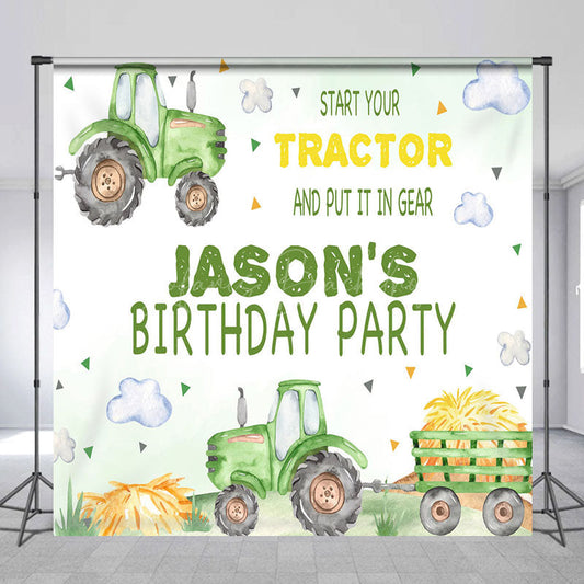 Lofaris Green Tractor Clouds Custom Name Birthday Backdrop