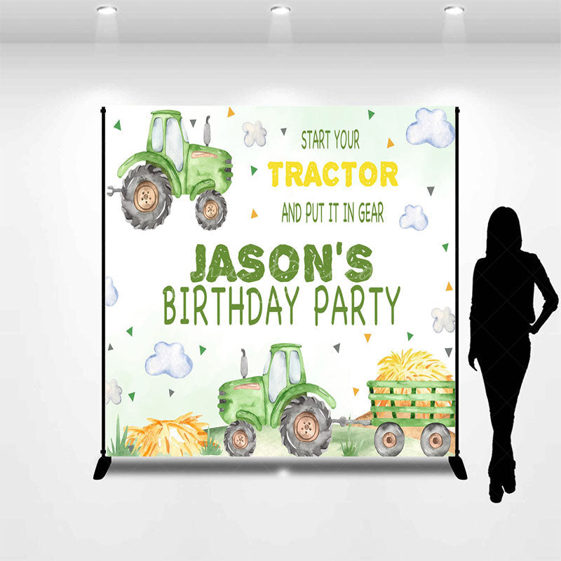 Lofaris Green Tractor Clouds Custom Name Birthday Backdrop