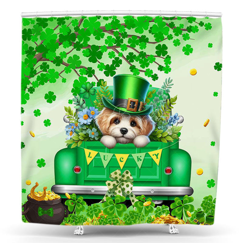 Lofaris Green Truck Dog Clover St Patricks Day Shower Curtain