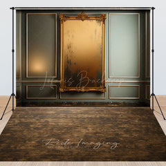 Lofaris Green Wall Gold Mirror Wood Floor Combo Set Backdrop