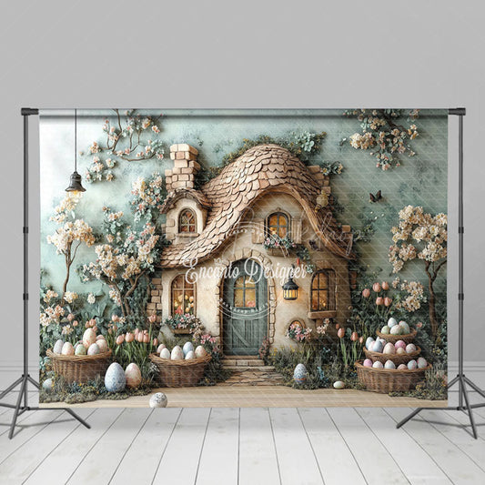 Lofaris Green Wall Rustic Cabin Floral Eggs Easter Backdrop