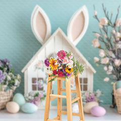 Lofaris Green Wall Wood Bunny Hutch Floral Egg Easter Backdrop