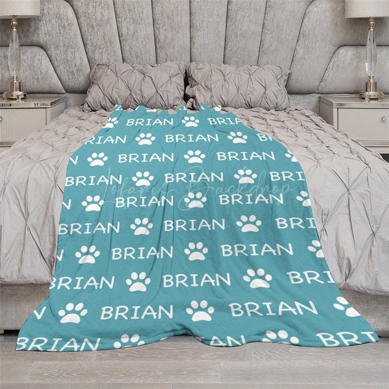 Lofaris Green White Cute Paw Print Custom Name Pet Blanket