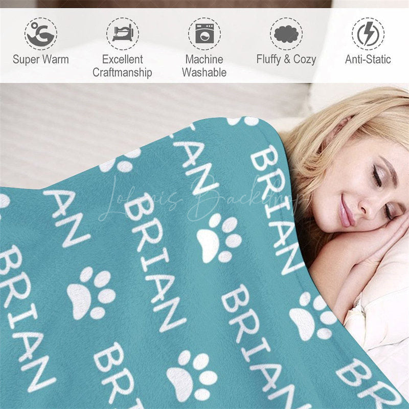 Lofaris Green White Cute Paw Print Custom Name Pet Blanket