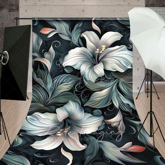 Lofaris Green White Funky Floral Fine Art Sweep Backdrop