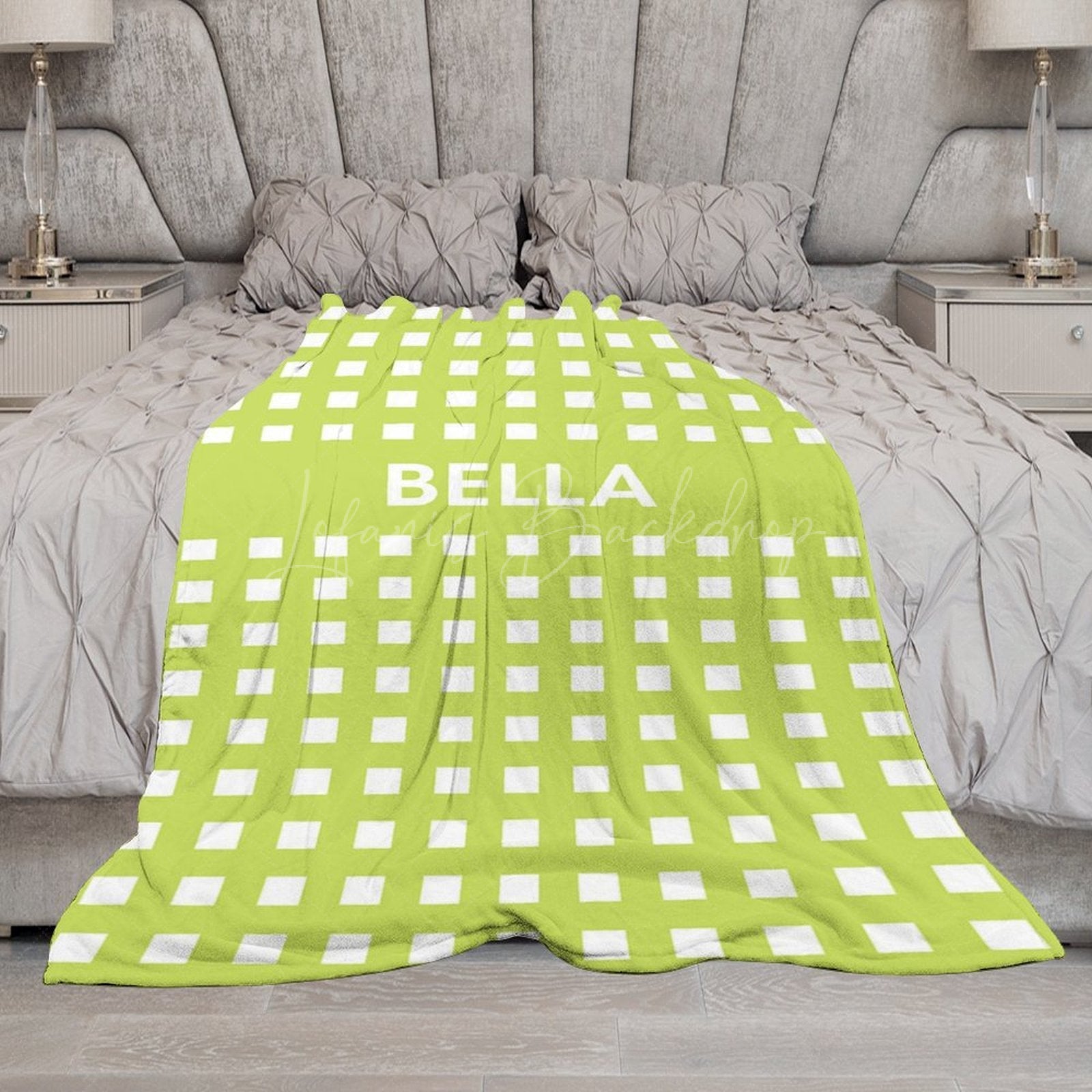 Lofaris Green White Regular Grid Personalized Name Blanket