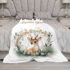 Lofaris Green Wreath Wild Baby Deer Custom Name Blanket
