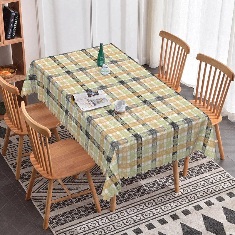 Lofaris Green Yellow Plaid Rectangle Tablecloth Rustic Checkered Farmhouse Pattern Distressed Dining Table Cover Kitchen Decor
