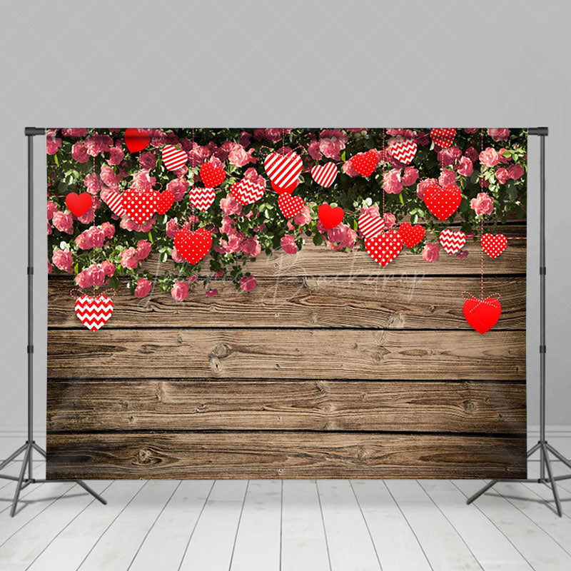 Lofaris Greenery Floral Hearts Wood Valentines Day Backdrop