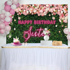 Lofaris Greenery Floral Neon Sister Happy Birthday Backdrop