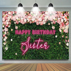 Lofaris Greenery Floral Neon Sister Happy Birthday Backdrop