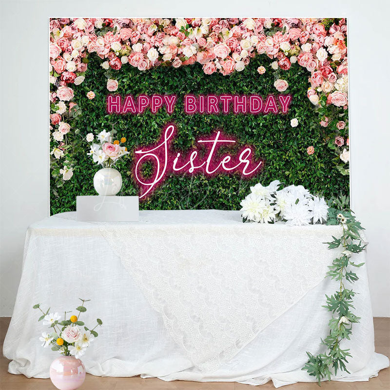 Lofaris Greenery Floral Neon Sister Happy Birthday Backdrop