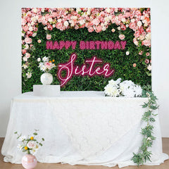 Lofaris Greenery Floral Neon Sister Happy Birthday Backdrop