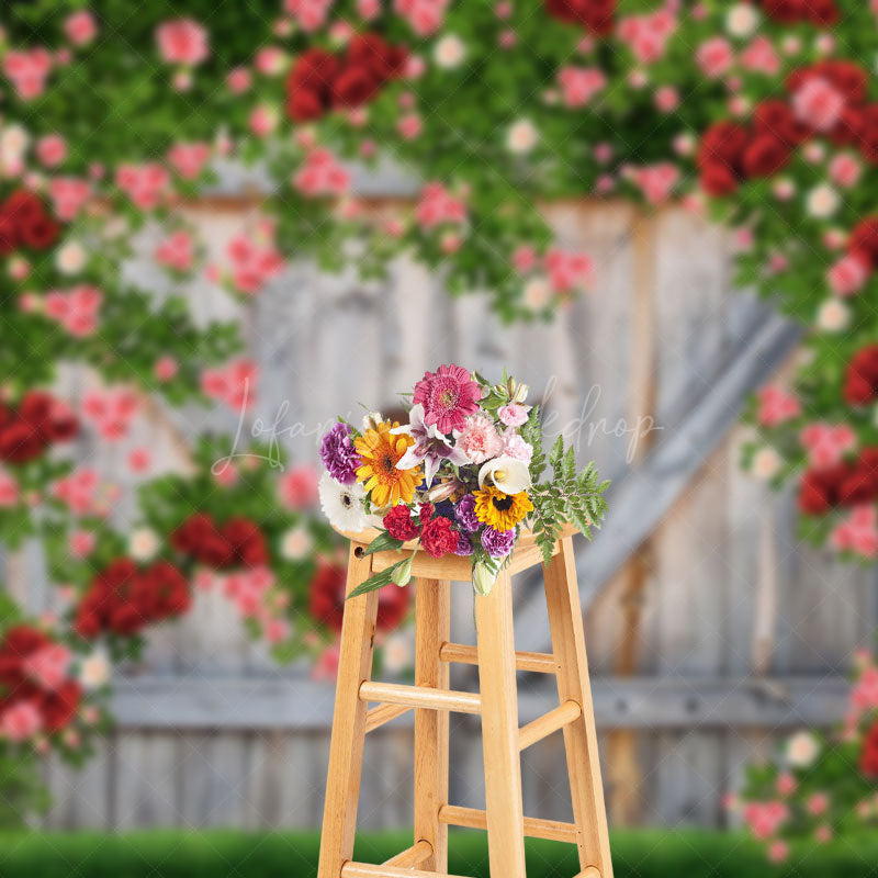 Lofaris Greenery Red Rose Wood Door Valentines Day Backdrop