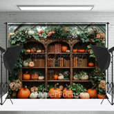 Lofaris Greenhouse Bookshelf Pumpkins Autumn Photo Backdrop