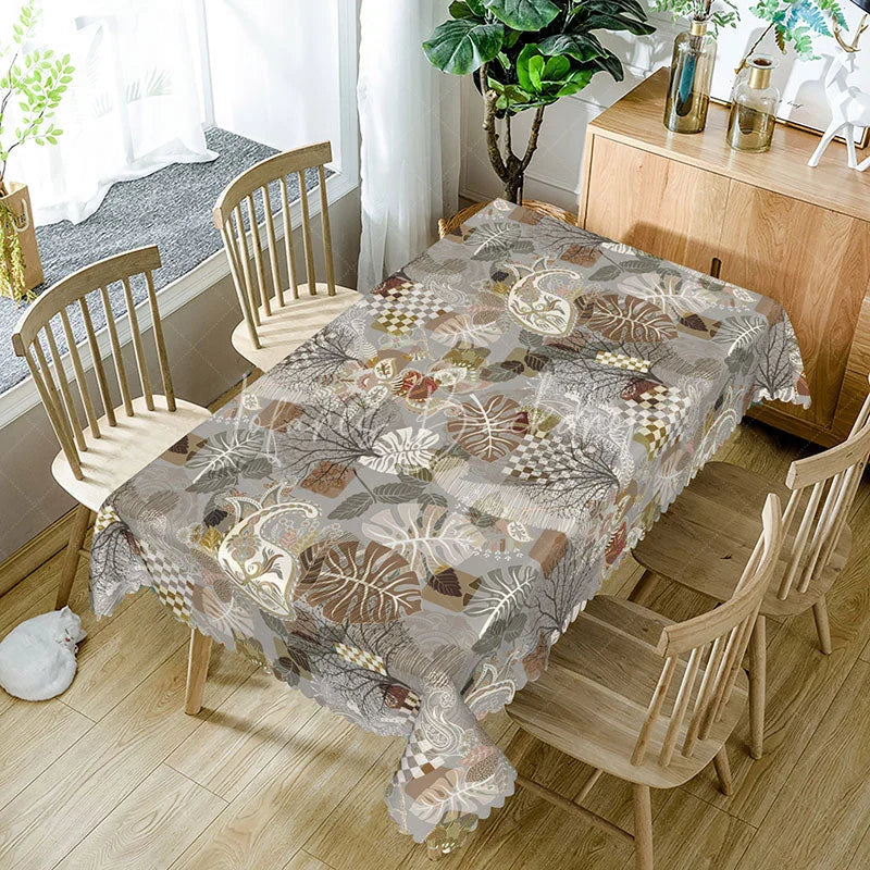 Lofaris Grey Abstract Boho Botanical Rectangle Tablecloth Neutral Patchwork Leaf Pattern Modern Dining Table Cover Home Decoration