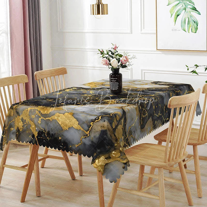 Lofaris Grey and White Geometric Marble Rectangle Tablecloth Gold Hexagon Line Art Table Cover Modern Decor