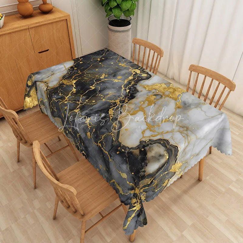 Lofaris Grey and White Geometric Marble Rectangle Tablecloth Gold Hexagon Line Art Table Cover Modern Decor
