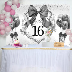 Lofaris Grey Balloons Bow Floral Sweet 16 Birthday Backdrop