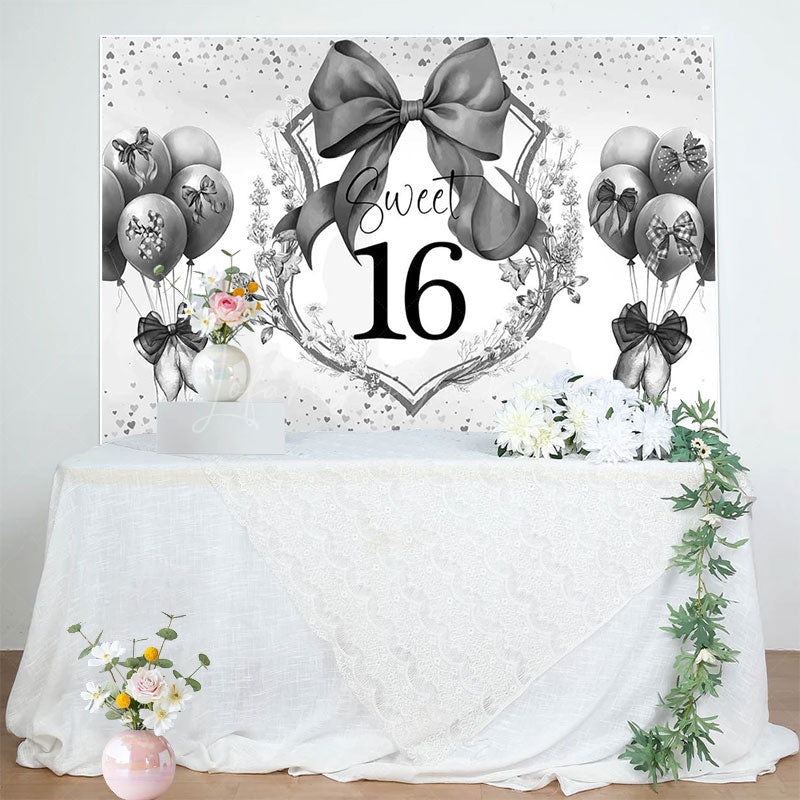 Lofaris Grey Balloons Bow Floral Sweet 16 Birthday Backdrop
