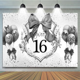 Lofaris Grey Balloons Bow Floral Sweet 16 Birthday Backdrop