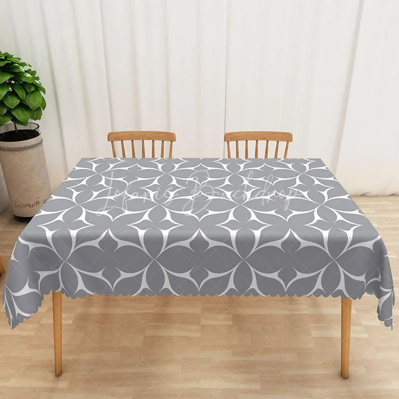 Lofaris Grey Geometric Petal Rectangle Tablecloth Abstract White Curved Line Table Cover Contemporary Home Decor