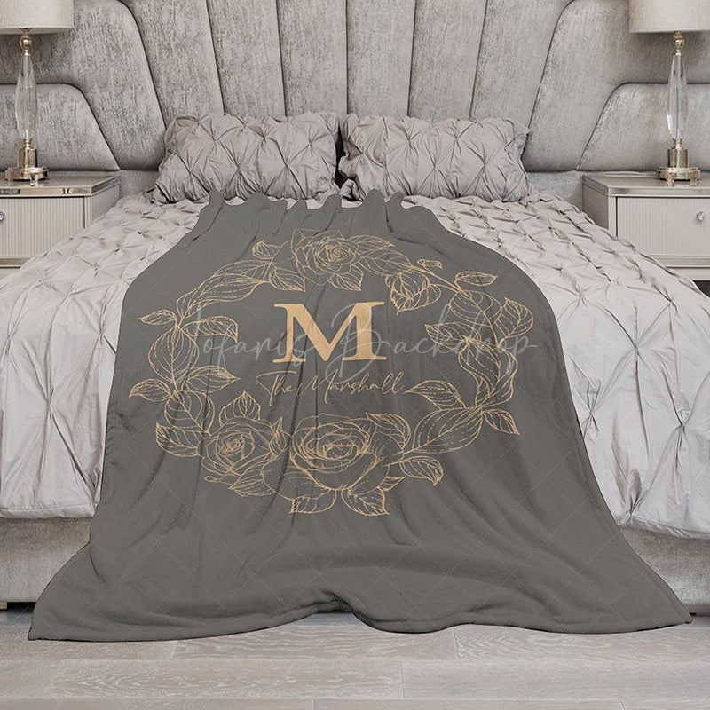 Lofaris Grey Gold Line Wreath Custom Initials Name Blanket