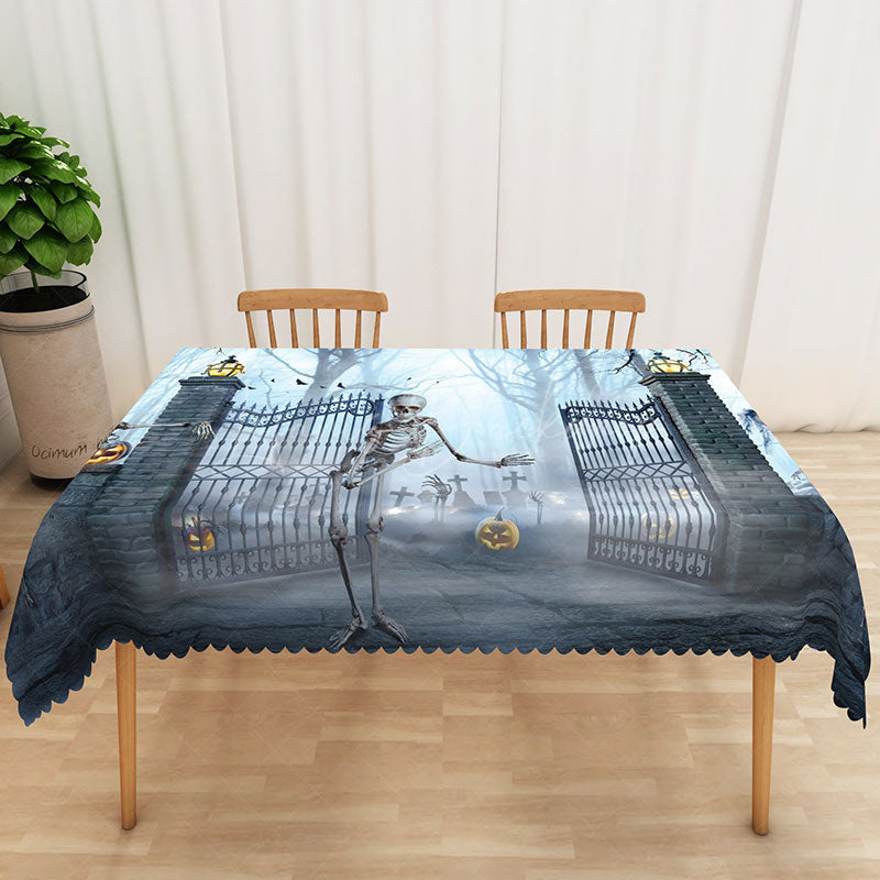 Lofaris Grey Halloween Rectangle Tablecloth with Skeletons and Jack O’ Lanterns for Spooky Party Decor