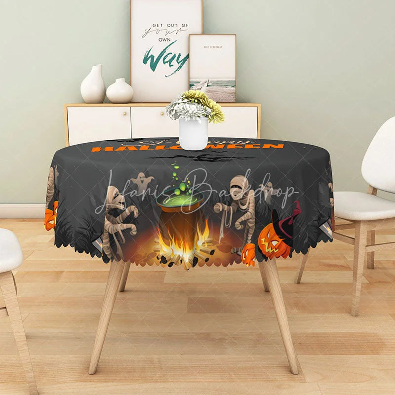 Lofaris Grey Halloween Round Tablecloth with Mummy Bats and Jack-o’-Lanterns for Spooky Kids Party Decor