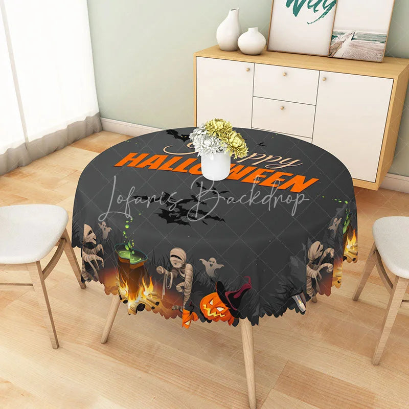Lofaris Grey Halloween Round Tablecloth with Mummy Bats and Jack-o’-Lanterns for Spooky Kids Party Decor