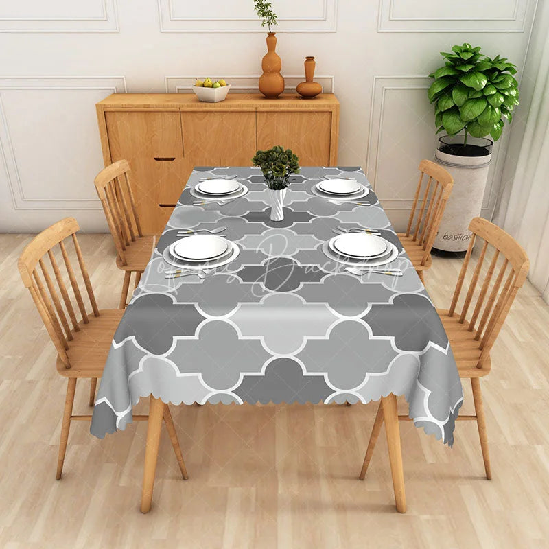Lofaris Grey Moroccan Trellis Rectangle Tablecloth Geometric Quatrefoil Table Cover Modern Minimalist Home Decor