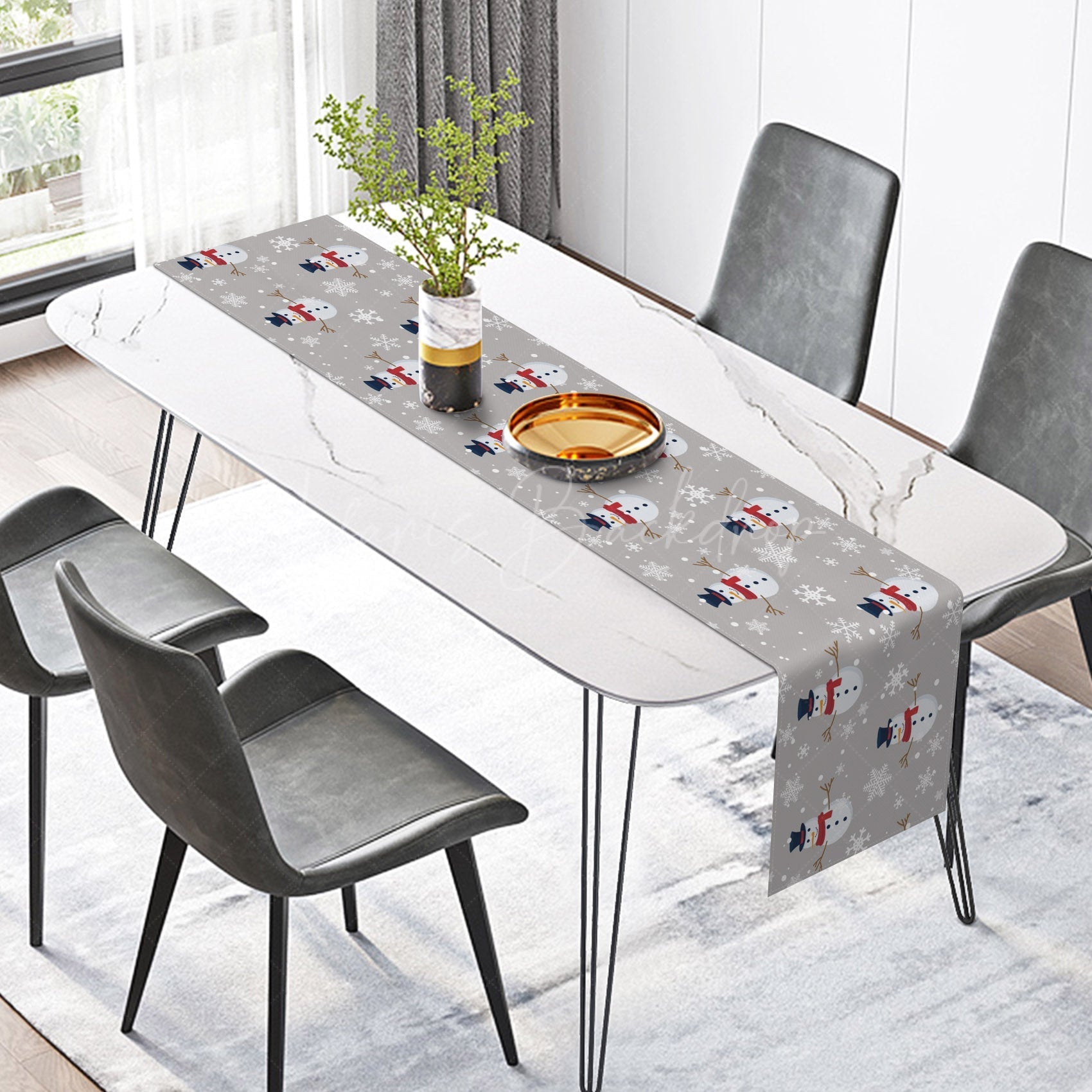 Lofaris Grey Snowflakes Snowman Repeat Christmas Table Runner