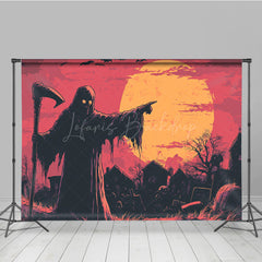 Lofaris Grim Reaper in Graveyard Photography Backdrop Comic Art Full Moon Scene Spooky Halloween Photo Shoots