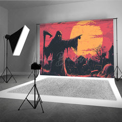 Lofaris Grim Reaper in Graveyard Photography Backdrop Comic Art Full Moon Scene Spooky Halloween Photo Shoots