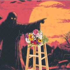 Lofaris Grim Reaper in Graveyard Photography Backdrop Comic Art Full Moon Scene Spooky Halloween Photo Shoots