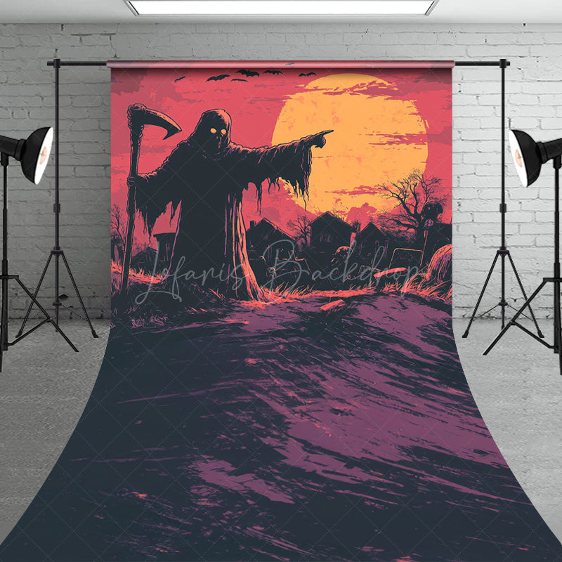Lofaris Grim Reaper in Graveyard Sweep Backdrop Comic Art Full Moon Scene Spooky Halloween Photo Shoots