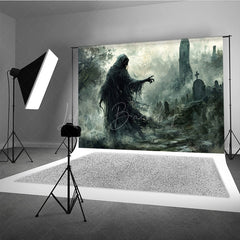 Lofaris Grim Reaper in Haunted Graveyard Photography Backdrop Misty Ghost Scene for Fine Art Spooky Halloween Portraits