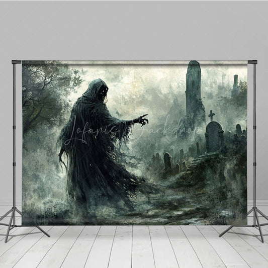 Lofaris Grim Reaper in Haunted Graveyard Photography Backdrop Misty Ghost Scene for Fine Art Spooky Halloween Portraits